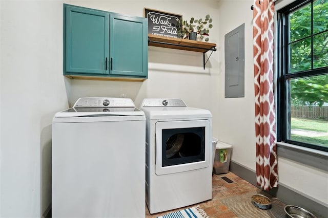 1828 S 7th St, Chickasha, OK 73018 - washroom with cabinet space, electric panel, washer and dryer, and stone finish flooring