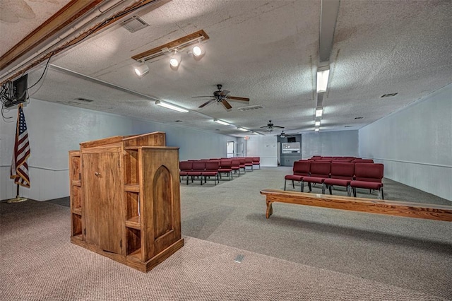 1028 N 11th St, Chickasha, OK 73018 - bedroom with carpet, a textured ceiling, and rail lighting