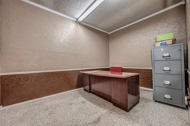 1028 N 11th St, Chickasha, OK 73018 - office with a textured wall, a textured ceiling, light colored carpet, and ornamental molding