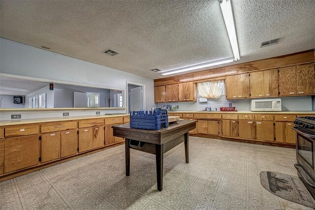 1028 N 11th St, Chickasha, OK 73018 - kitchen featuring white microwave, brown cabinetry, light countertops, a textured ceiling, and light flooring