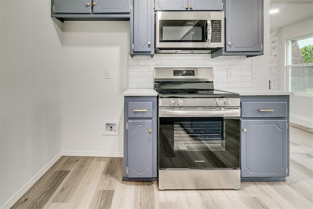 648 NW 18th St, Moore, OK 73160 - kitchen with stainless steel appliances, gray cabinets, and light wood-style floors