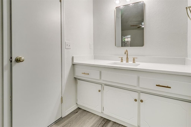 648 NW 18th St, Moore, OK 73160 - bathroom with vanity, wood finished floors, and ceiling fan