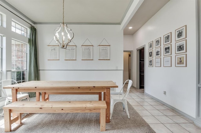 613 N Remington Way, Mustang, OK 73064 - dining space with a chandelier, crown molding, light tile patterned flooring, and recessed lighting