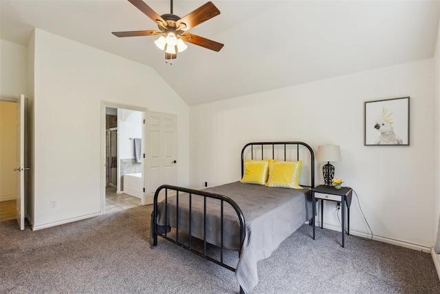 619 SW 28th St, Moore, OK 73160 - carpeted bedroom featuring lofted ceiling, ensuite bathroom, and ceiling fan