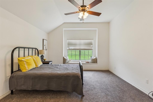 619 SW 28th St, Moore, OK 73160 - bedroom with carpet flooring, vaulted ceiling, and ceiling fan