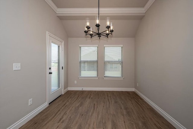 2001 W Crossbow Way, Mustang, OK 73065 - unfurnished dining area featuring a chandelier, lofted ceiling, dark wood-style flooring, and ornamental molding
