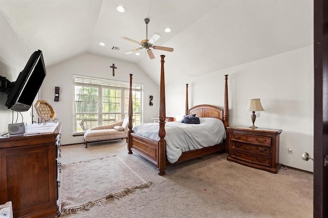 5420 NE 56th St, Oklahoma City, OK 73121 - bedroom featuring light colored carpet, vaulted ceiling, ceiling fan, and recessed lighting