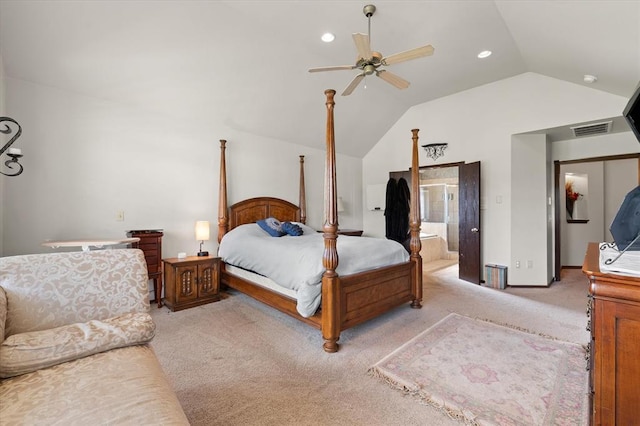 5420 NE 56th St, Oklahoma City, OK 73121 - bedroom featuring carpet floors, lofted ceiling, ensuite bathroom, recessed lighting, and a ceiling fan