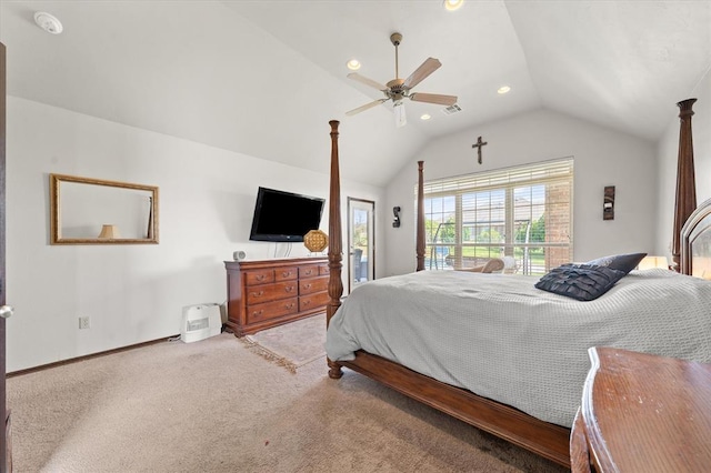 5420 NE 56th St, Oklahoma City, OK 73121 - bedroom with lofted ceiling, carpet flooring, access to exterior, recessed lighting, and ceiling fan