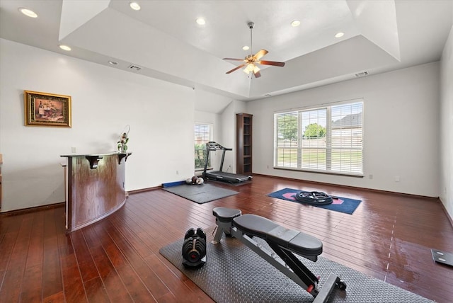 5420 NE 56th St, Oklahoma City, OK 73121 - workout area with a raised ceiling, ceiling fan, recessed lighting, and hardwood / wood-style floors