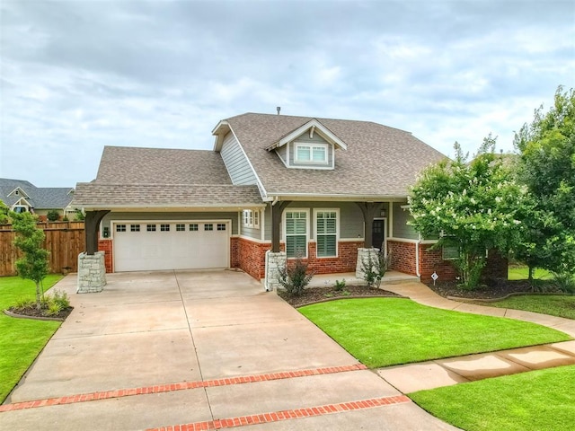 8408 NW 134th St, Oklahoma City, OK 73142 - craftsman house featuring a garage, a shingled roof, concrete driveway, and brick siding