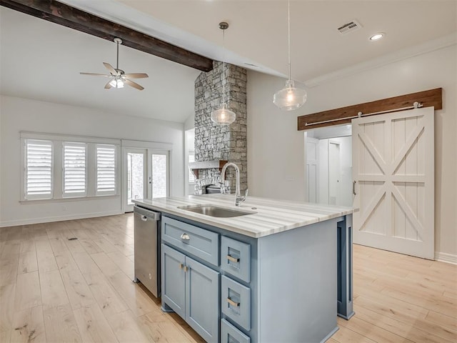 8408 NW 134th St, Oklahoma City, OK 73142 - kitchen featuring dishwasher, ceiling fan, open floor plan, and blue cabinets