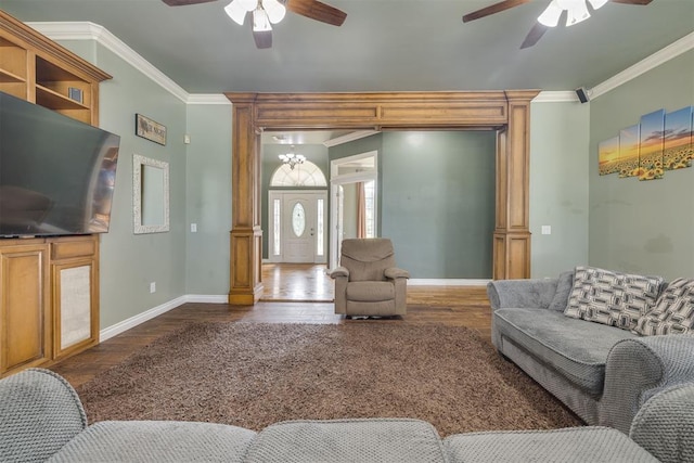 4120 S Choctaw Rd, Choctaw, OK 73020 - living area with ceiling fan, ornamental molding, dark wood finished floors, and decorative columns