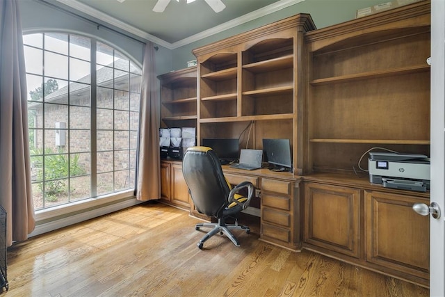 4120 S Choctaw Rd, Choctaw, OK 73020 - unfurnished office with crown molding, light wood-style flooring, and ceiling fan