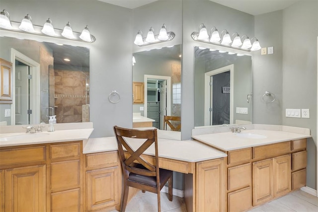 4120 S Choctaw Rd, Choctaw, OK 73020 - bathroom with two vanities, a shower stall, and tile patterned floors