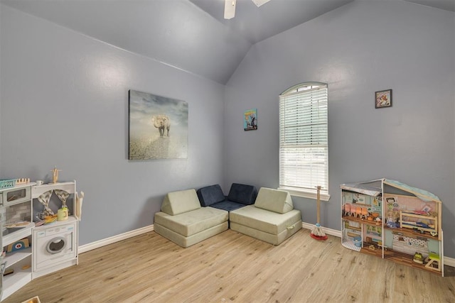 4120 S Choctaw Rd, Choctaw, OK 73020 - living area featuring a ceiling fan, wood finished floors, and vaulted ceiling
