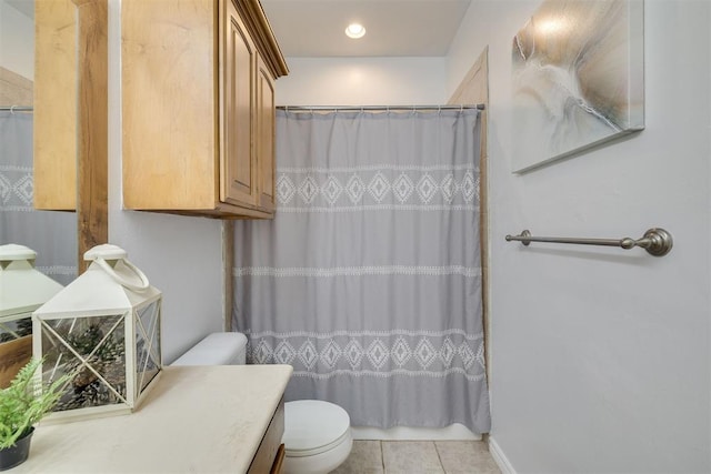 4120 S Choctaw Rd, Choctaw, OK 73020 - bathroom featuring vanity, a shower with shower curtain, tile patterned flooring, and recessed lighting