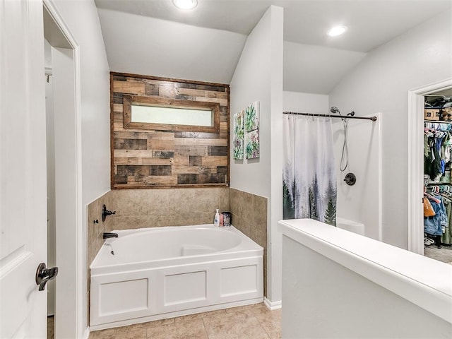 21945 N Fork Rd, Luther, OK 73054 - full bath with a garden tub, a shower with curtain, vaulted ceiling, recessed lighting, and a spacious closet
