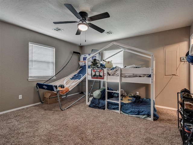 434 N Oak Ave, Hennessey, OK 73742 - carpeted bedroom featuring multiple windows, a textured ceiling, a textured wall, and a ceiling fan