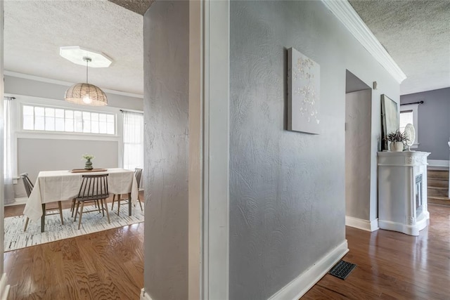 904 NW 19th St, Oklahoma City, OK 73106 - hallway featuring a textured ceiling, wood finished floors, ornamental molding, and a textured wall