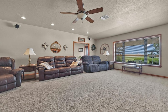 22071 E 1250th Rd, Rocky, OK 73661 - living room with carpet flooring, a textured ceiling, a ceiling fan, and recessed lighting