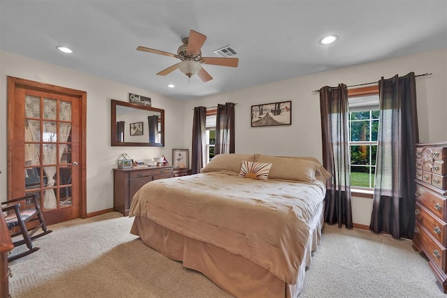 22071 E 1250th Rd, Rocky, OK 73661 - bedroom with light colored carpet, recessed lighting, and a ceiling fan