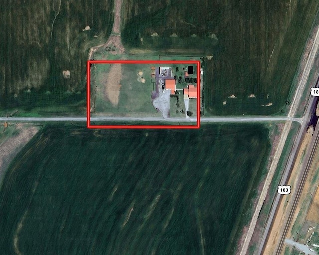 22071 E 1250th Rd, Rocky, OK 73661 - aerial view of property's location featuring property boundaries highlighted