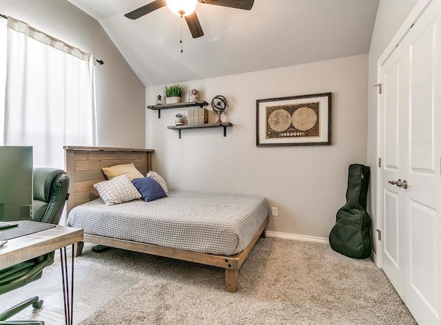 8401 Poplar Dr, Edmond, OK 73034 - carpeted bedroom featuring vaulted ceiling and ceiling fan