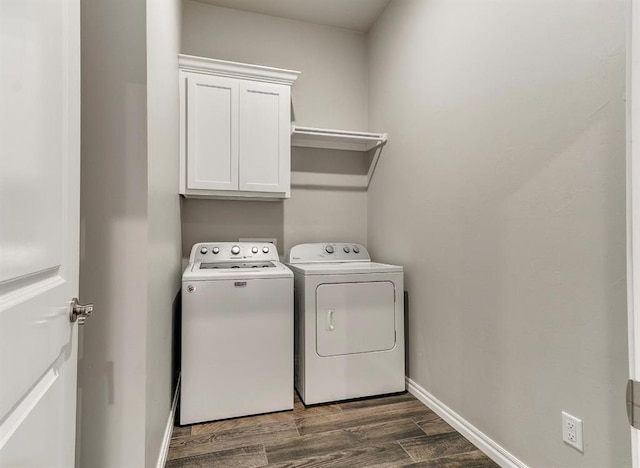 8401 Poplar Dr, Edmond, OK 73034 - laundry area with cabinet space, independent washer and dryer, and dark wood-type flooring