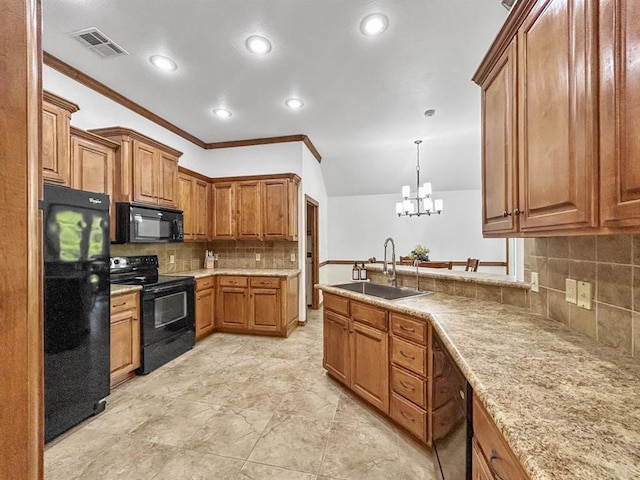 12200 Whispering Pnes, Guthrie, OK 73044 - kitchen with black appliances, brown cabinetry, backsplash, a chandelier, and crown molding