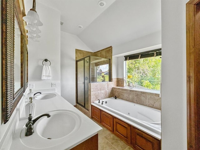 12200 Whispering Pnes, Guthrie, OK 73044 - bathroom with a stall shower, lofted ceiling, a whirlpool tub, and double vanity