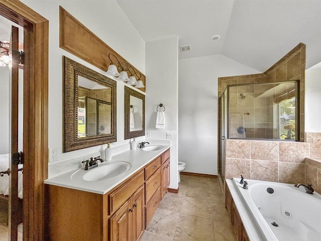 12200 Whispering Pnes, Guthrie, OK 73044 - full bath featuring a tub with jets, a shower stall, double vanity, and vaulted ceiling