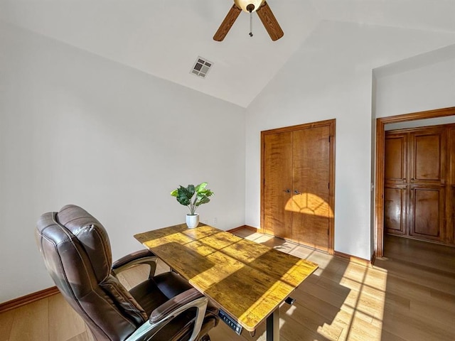 12200 Whispering Pnes, Guthrie, OK 73044 - office area with a ceiling fan, light wood finished floors, and high vaulted ceiling