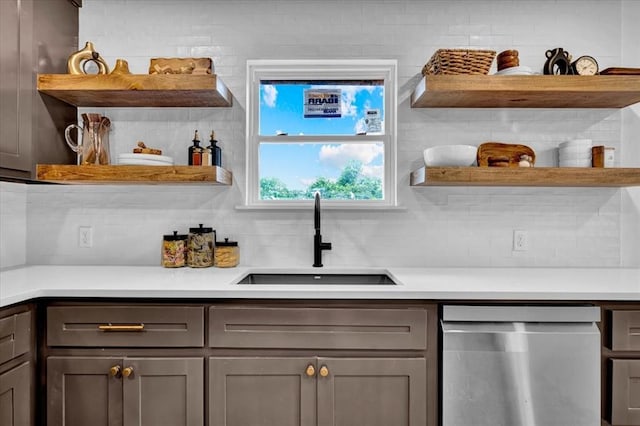 14500 Williams Way, Luther, OK 73054 - kitchen featuring open shelves, dishwasher, backsplash, and light countertops