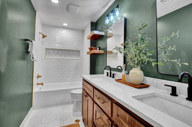 14500 Williams Way, Luther, OK 73054 - bathroom featuring bathing tub / shower combination, double vanity, tile patterned flooring, and recessed lighting