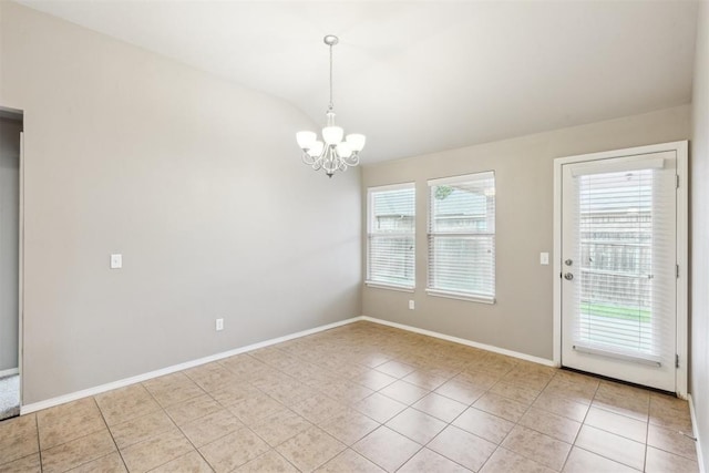 2718 Sharpish Way, Norman, OK 73069 - unfurnished dining area featuring a chandelier, lofted ceiling, and light tile patterned floors