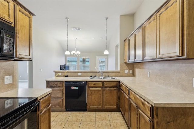 2718 Sharpish Way, Norman, OK 73069 - kitchen with black appliances, tasteful backsplash, a chandelier, and light tile patterned flooring