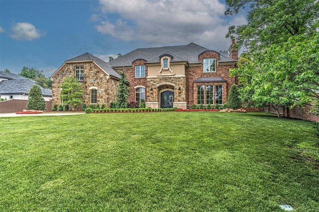 6516 NW Grand Blvd, Nichols Hills, OK 73116 - french country inspired facade featuring stone siding, a front yard, and a chimney