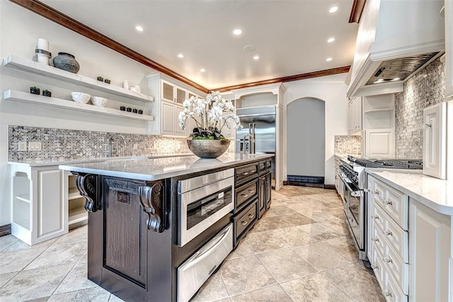 6516 NW Grand Blvd, Nichols Hills, OK 73116 - kitchen featuring open shelves, premium range hood, premium appliances, crown molding, and a warming drawer