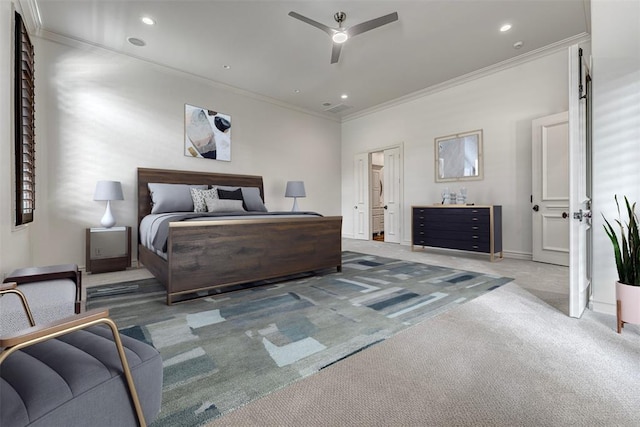 6516 NW Grand Blvd, Nichols Hills, OK 73116 - bedroom with carpet, crown molding, recessed lighting, and ceiling fan