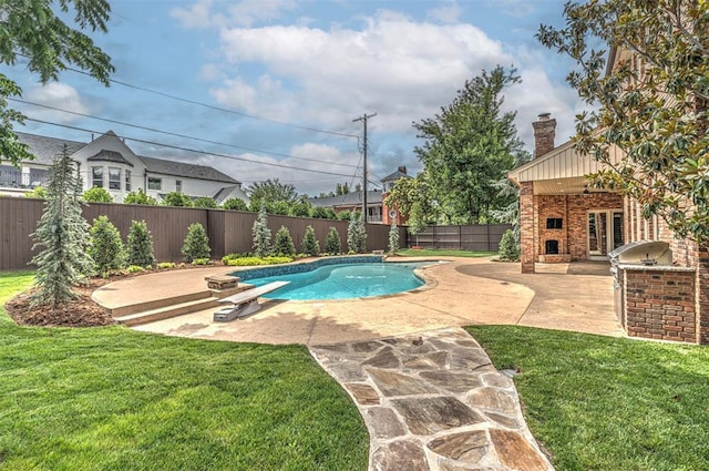 6516 NW Grand Blvd, Nichols Hills, OK 73116 - view of pool with area for grilling, a fenced backyard, a patio area, and a diving board