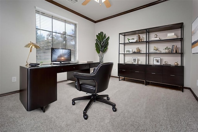 16312 Old Elm Ln, Edmond, OK 73013 - office space with light colored carpet, crown molding, and ceiling fan