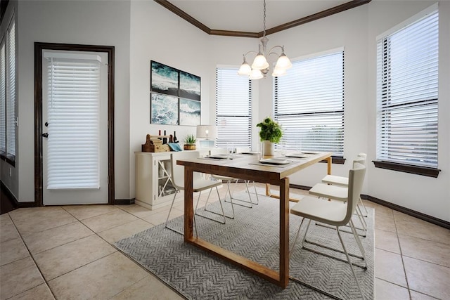16312 Old Elm Ln, Edmond, OK 73013 - dining space featuring light tile patterned floors, crown molding, a chandelier, and a desk