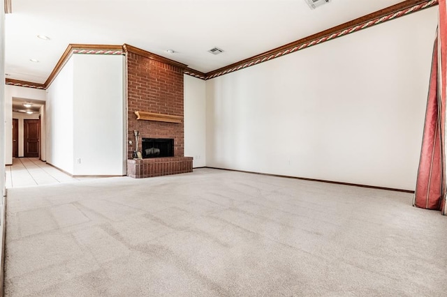 11129 Springhollow Ct, Oklahoma City, OK 73120 - unfurnished living room featuring crown molding, light carpet, and a fireplace