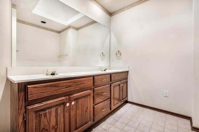 11129 Springhollow Ct, Oklahoma City, OK 73120 - bathroom with double vanity and ornamental molding