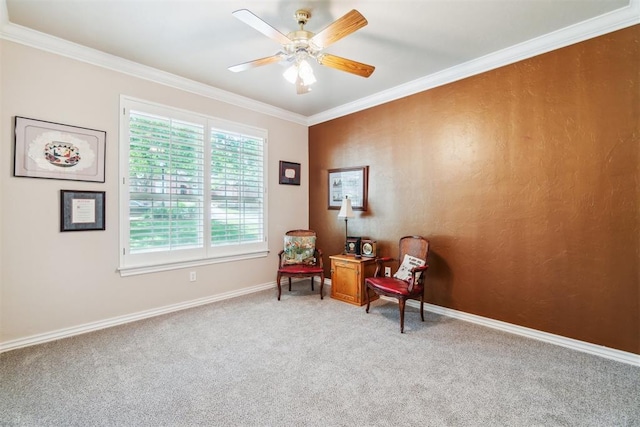 108 N Bradbury Dr, Edmond, OK 73034 - sitting room featuring light carpet, crown molding, and a ceiling fan