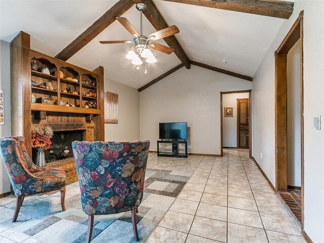 2228 Butternut Pl, Edmond, OK 73013 - living area with a ceiling fan, light tile patterned floors, and a brick fireplace