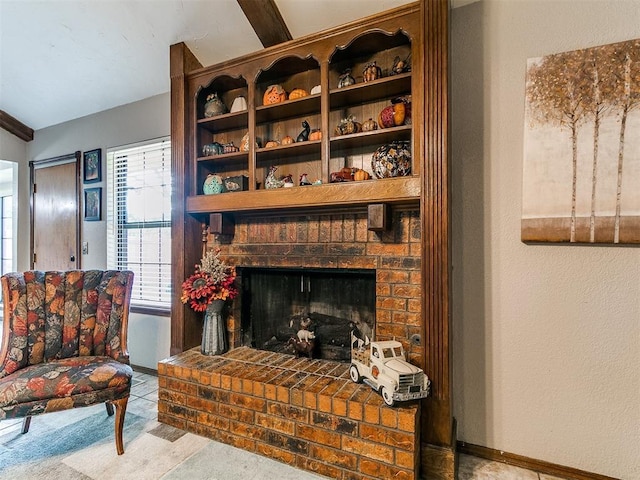 2228 Butternut Pl, Edmond, OK 73013 - carpeted living room featuring a brick fireplace and vaulted ceiling