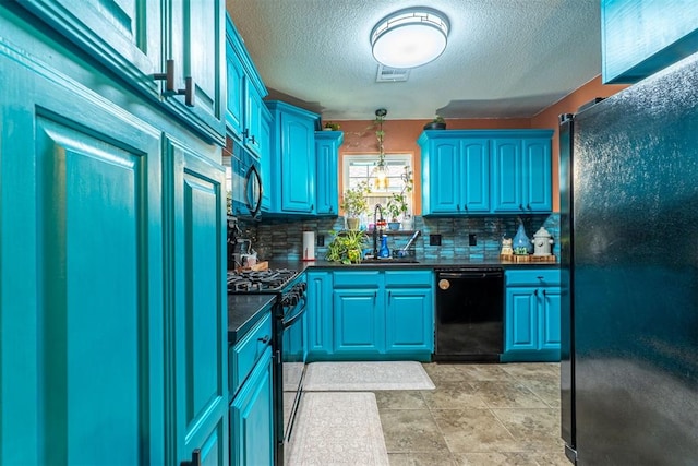 1408 Eagle Dr, Moore, OK 73160 - kitchen featuring black appliances, dark countertops, a textured ceiling, backsplash, and pendant lighting