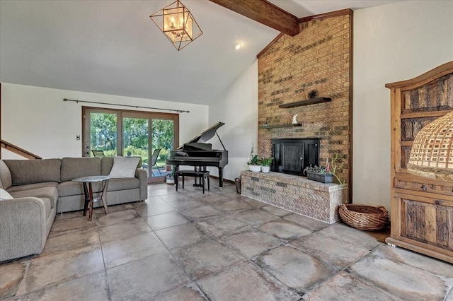 2122 Edinburg Dr, Yukon, OK 73099 - living area featuring beam ceiling, high vaulted ceiling, and a brick fireplace